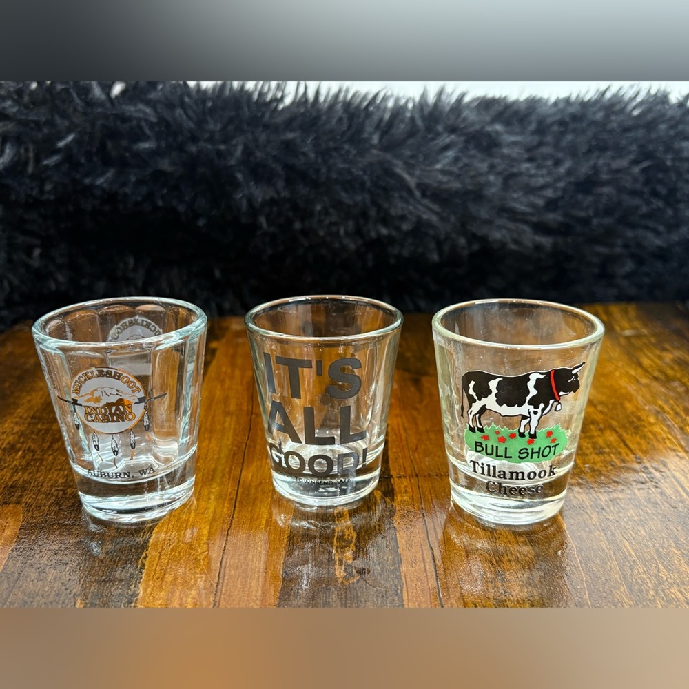 Souvenir Shot Glass Lot of 3 Muckleshoot Port Townsend Tillamook Bull Shot